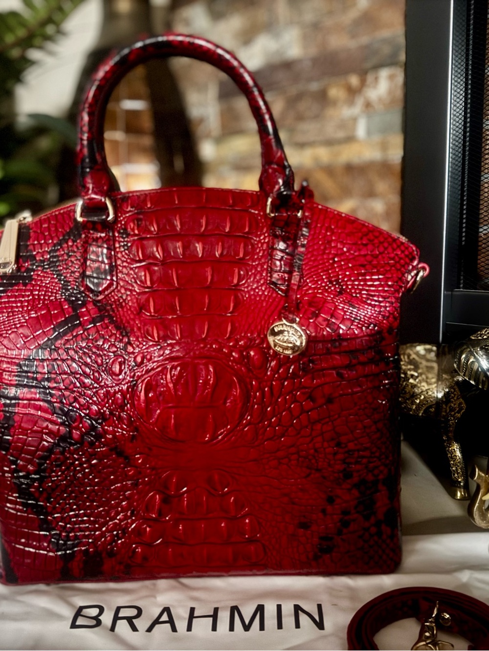 Brahmin Red and Black Croc-Embossed Satchel. Approx: 14.2" W X 12" H X 5" D - Picture 2 of 7